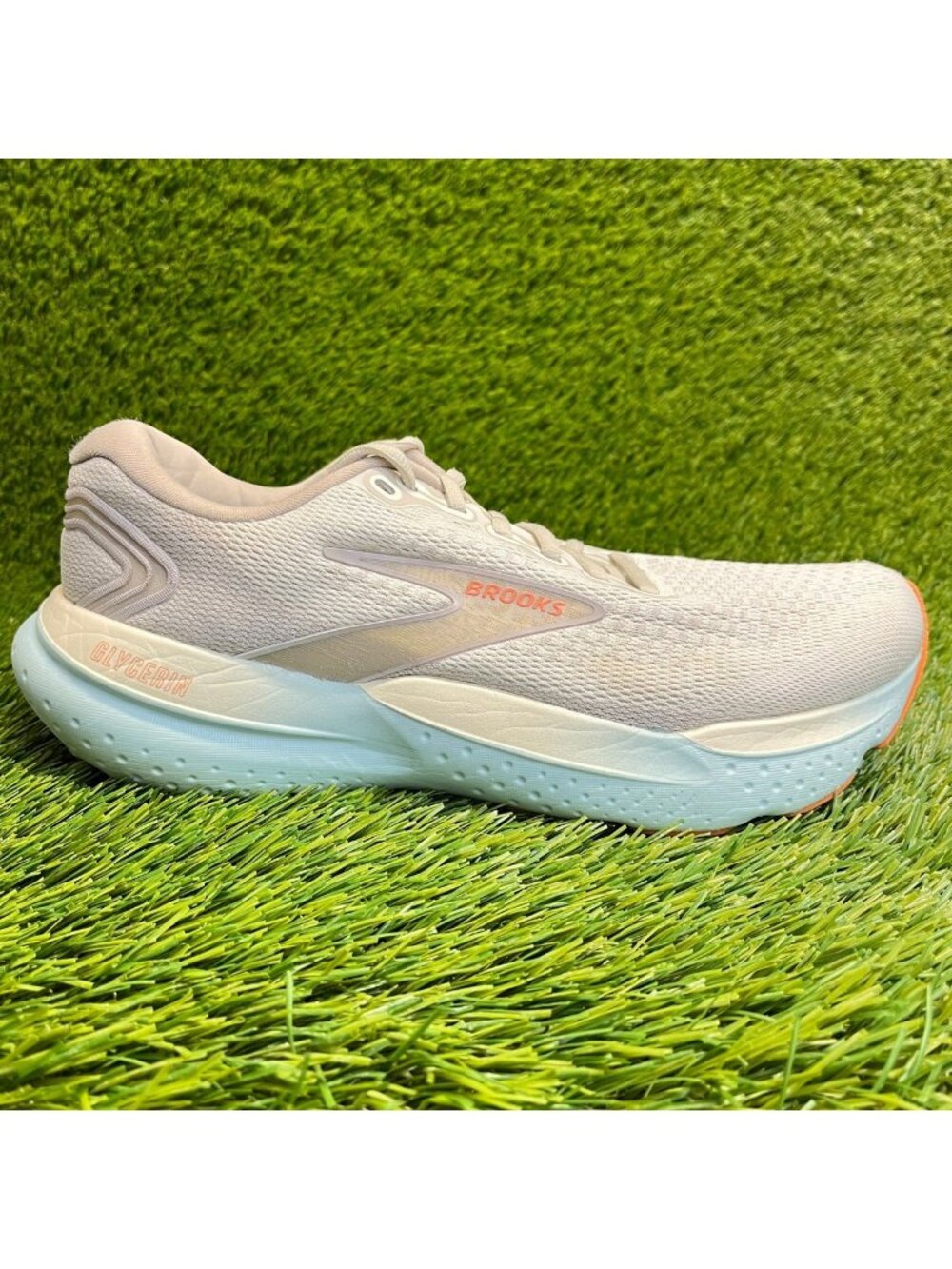 Brooks Glycerin 21 Womens Size 9.5 Beige Blue Athletic Running Shoes Sneakers